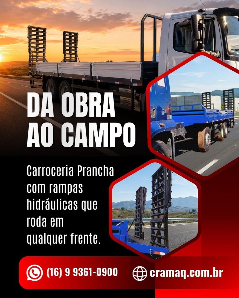Carroceria prancha com rampas hidráulicas que roda em qualquer frente